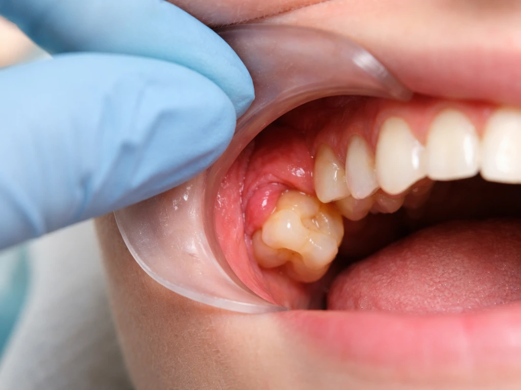 Partially erupted wisdom tooth with swollen gum flap during eruption