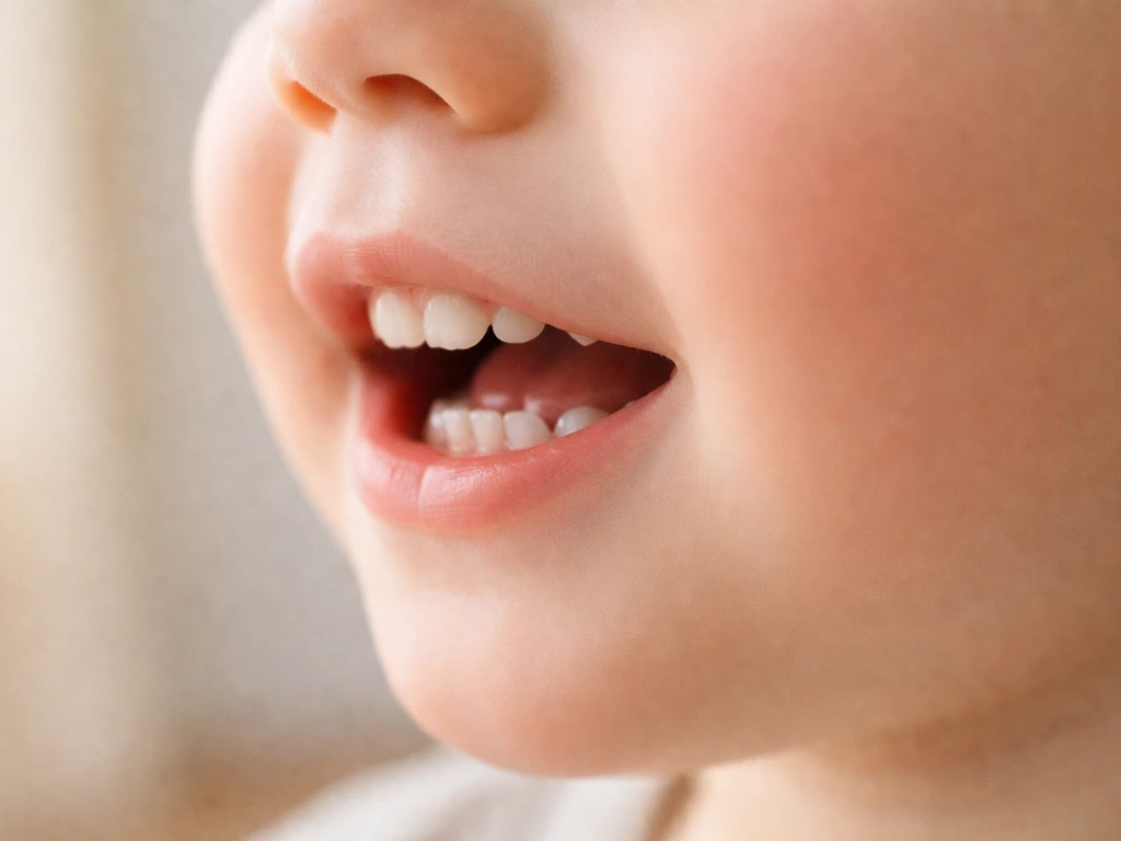 Smiling toddler with a simple, uncluttered view of teeth to show primary tooth eruption milestones.