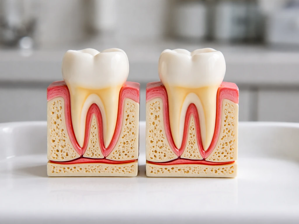 Two side-by-side dental tooth models showing early eruption versus later root development