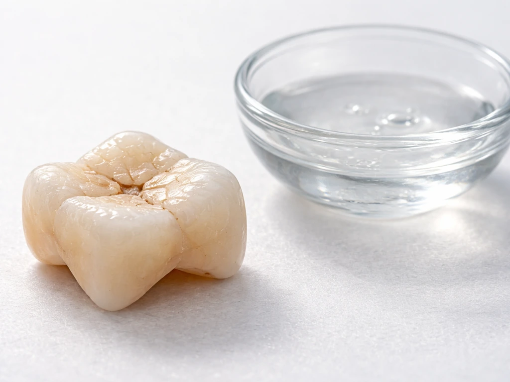 Close-up of a tooth with cracked enamel beside a small bowl of saliva-like liquid for remineralization vs regrowth.
