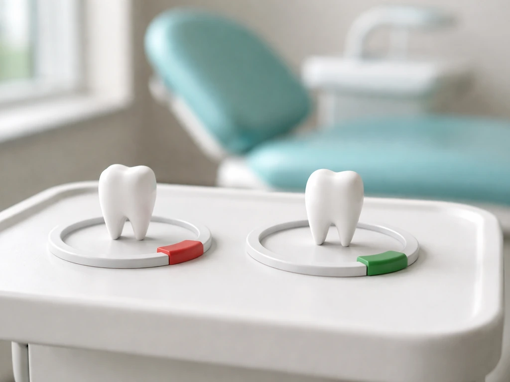 Dental clinic tray showing two unlabeled tooth models positioned to suggest delayed vs within-range eruption timing.