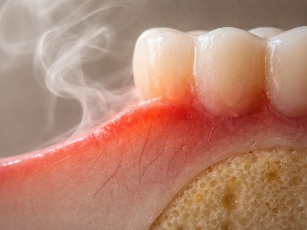 Minimal gum cross-section with faint fading circulation and wispy smoke suggesting inflammation and reduced protection.