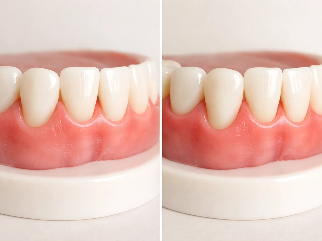 Split-view of a simple dental mouth model showing healthier gums without major gumline regrowth.