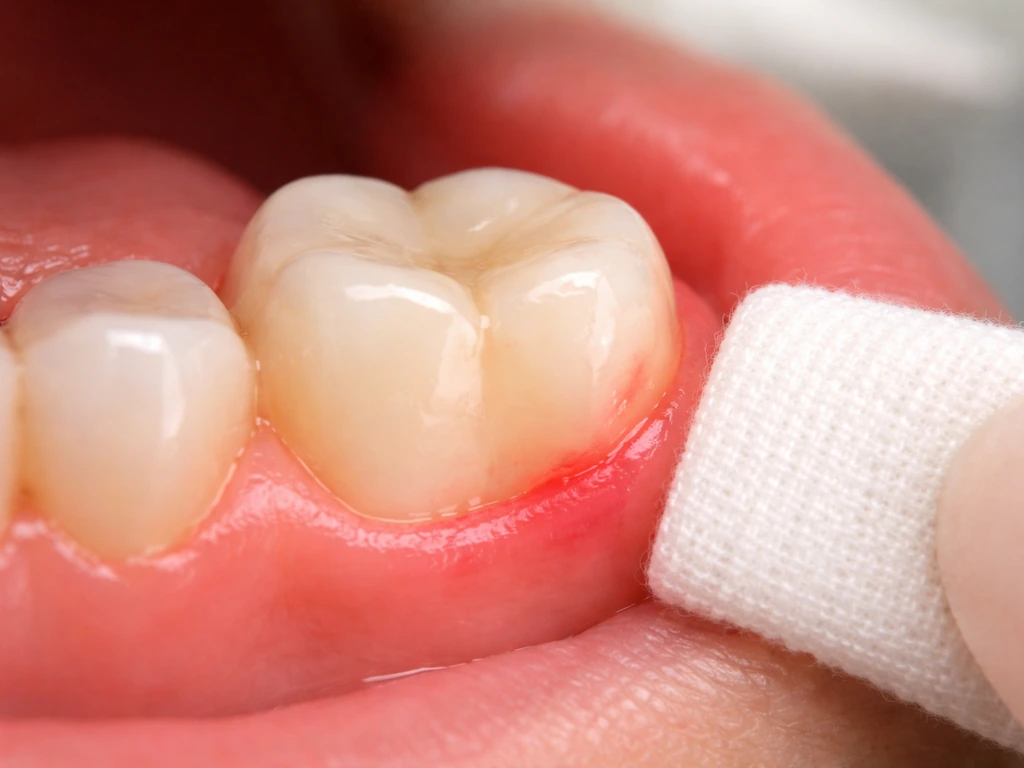 Minimal photo of a close-up tooth and gums with a small gauze pad, suggesting urgent dental care signs.
