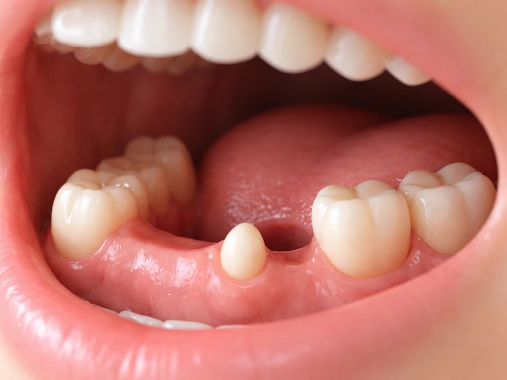 Minimal dental close-up showing two separate ideas: wisdom tooth eruption behind and a missing tooth being filled.