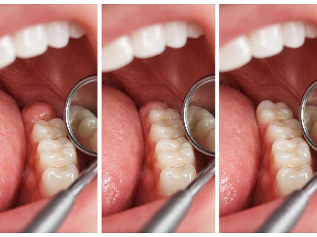 Close-up of back molars in a dental exam room showing early gum bump and partial-to-full wisdom eruption stages.