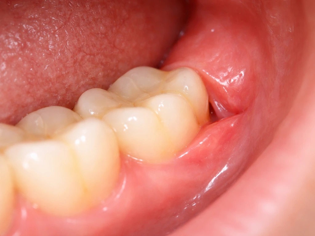 Close-up of a partially erupted wisdom tooth with a gum flap pocket behind the last molar.