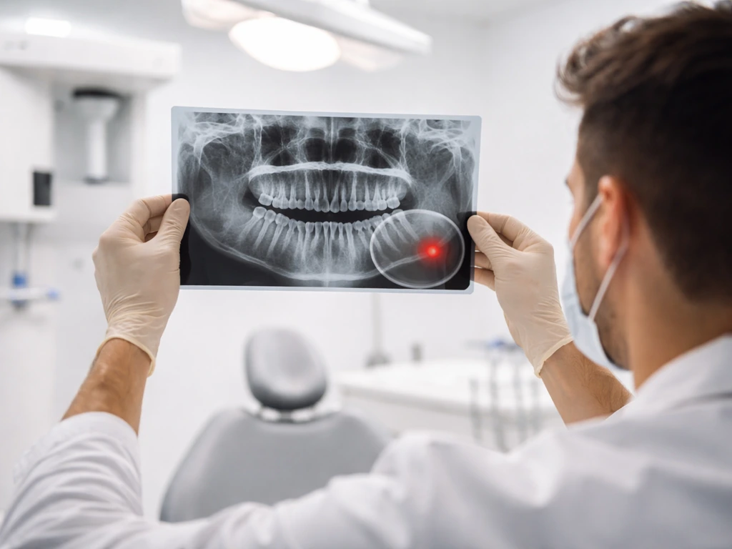 Dentist holds an illuminated panoramic dental X-ray film in a clean clinic, highlighting the wisdom tooth area.