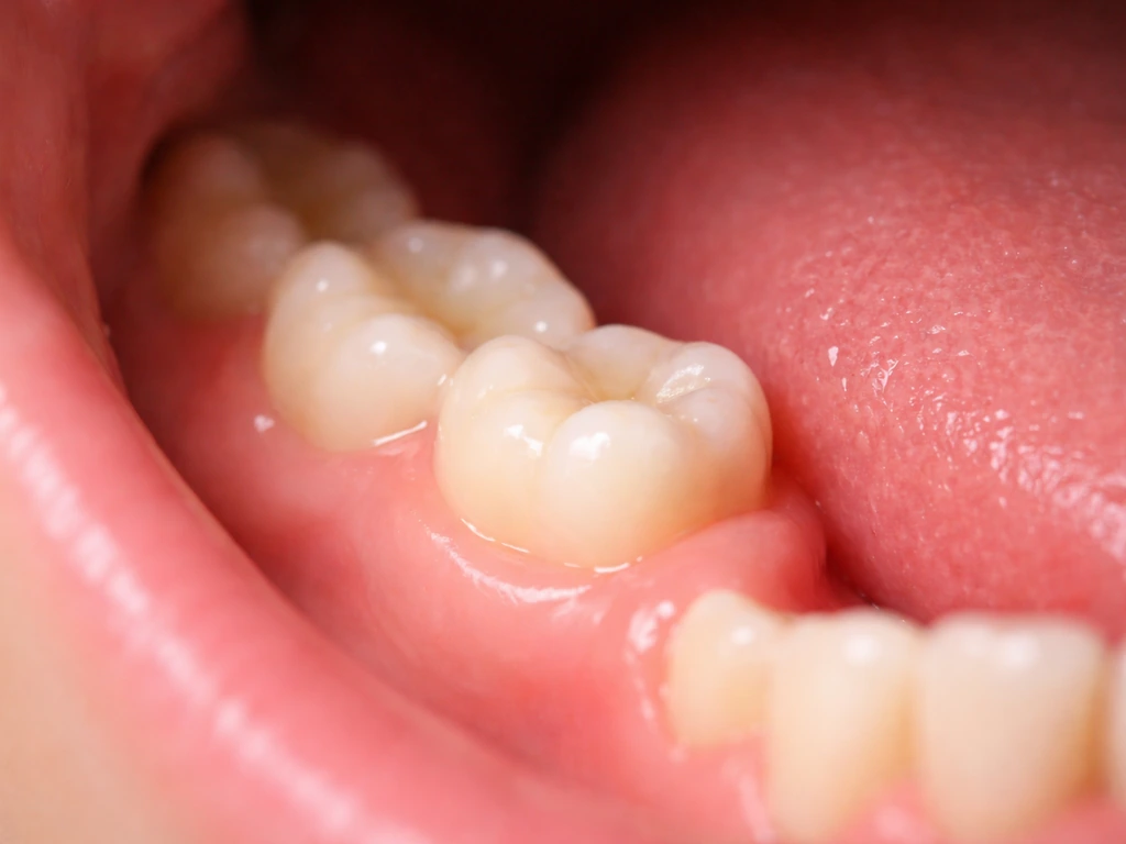 Close-up of a teenager’s lower back teeth area with a second molar gently erupting through the gum.