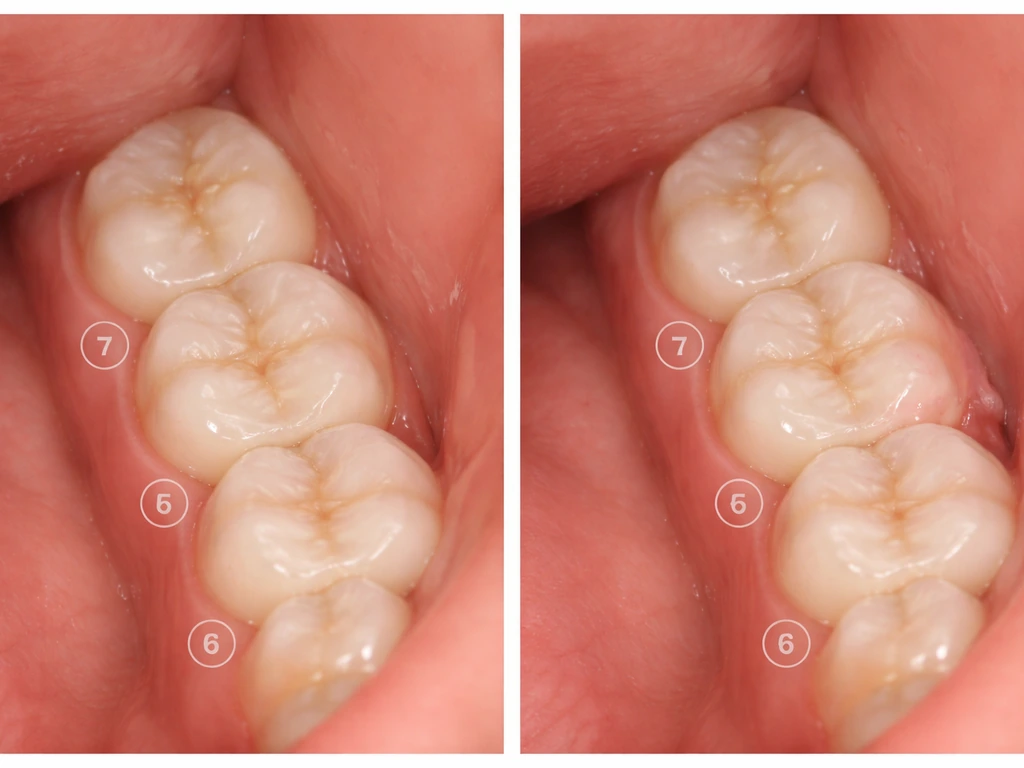 Dental close-up showing delayed and normal eruption areas in the back of the mouth, tooth shapes only