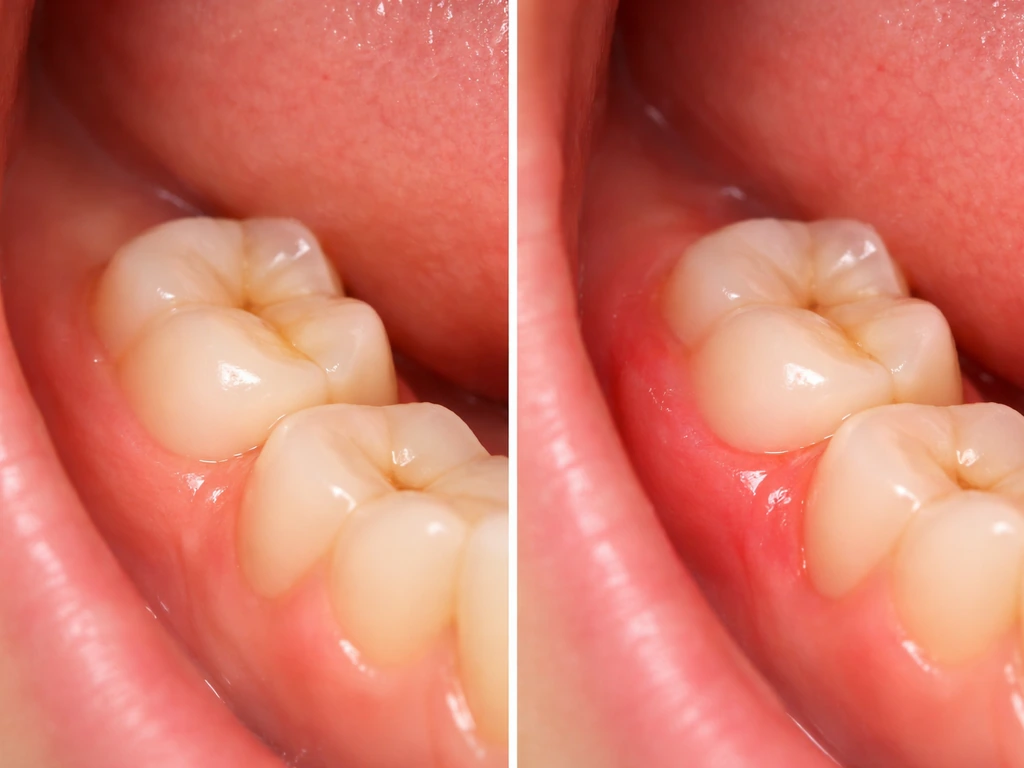 Split close-up of teen molar area showing mild gum puffiness on left and red swelling on right