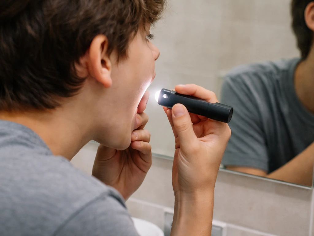 Teen in a bathroom mirror uses a flashlight to gently inspect the back corner of their mouth for a molar.