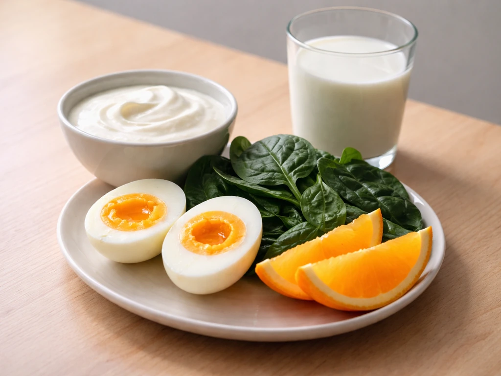 Close-up of yogurt, leafy greens, milk, and eggs arranged simply to suggest calcium and vitamin D foods.