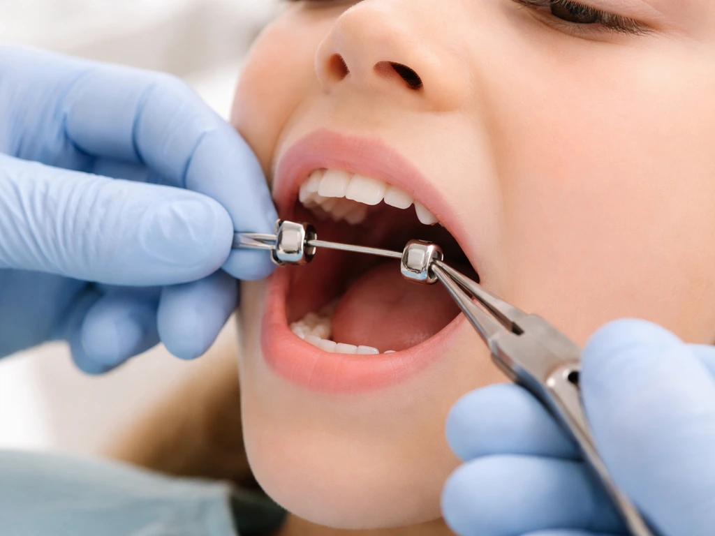 Orthodontist placing a small space-maintaining dental appliance in a patient’s open mouth during a clean clinic visit