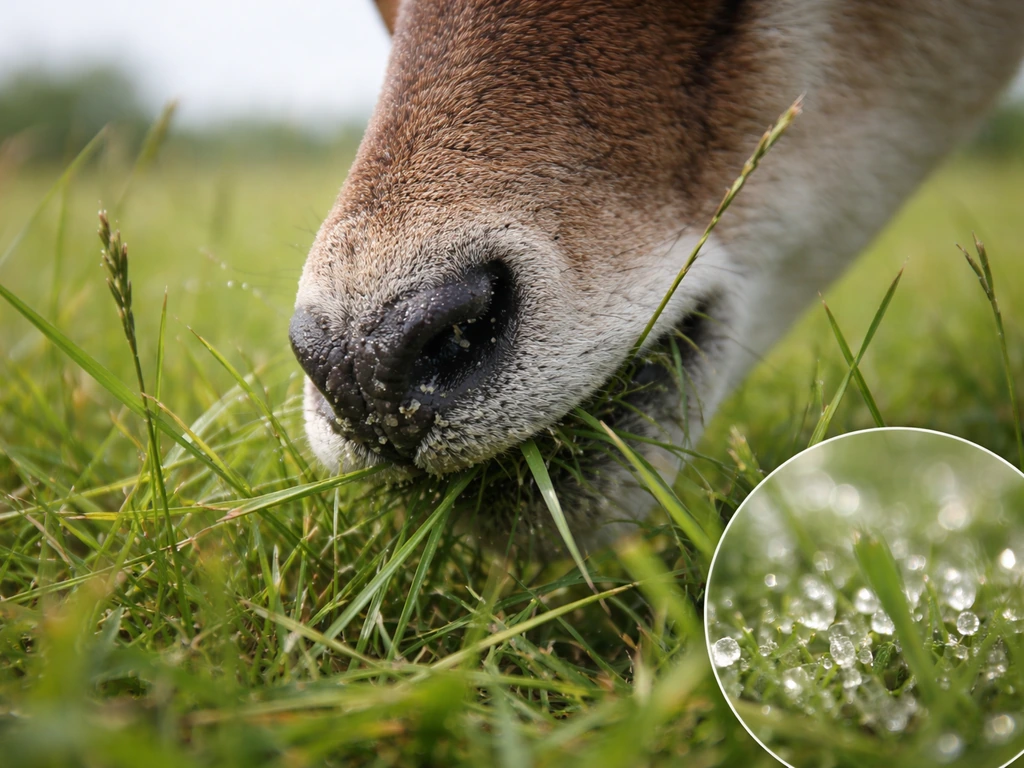 Close-up of grazing antelope muzzle on abrasive grass with a blurred macro view of silica-like particles.