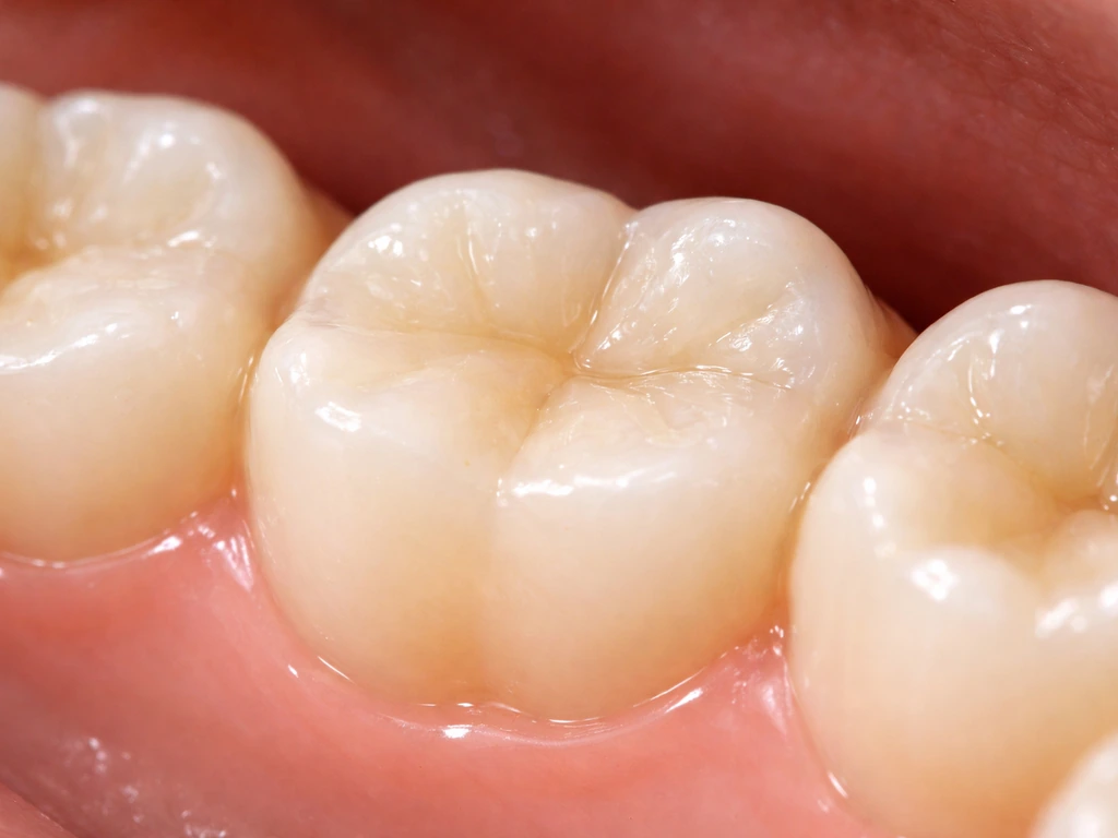 Close-up of worn molar teeth with flattened cusps and textured wear on the chewing surface.