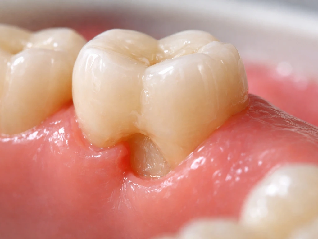 Close-up of a tooth with a missing gum chunk and exposed root area, showing surrounding gumline.