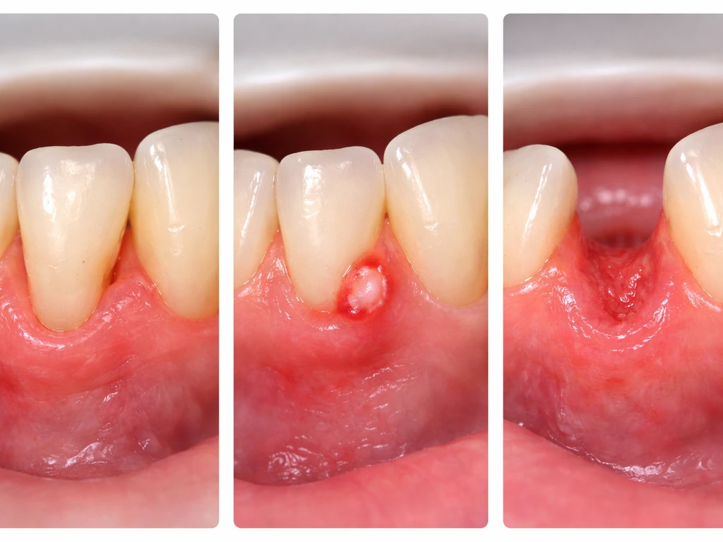 Minimal side-by-side dental view showing receded gum, small gum ulcer/tear, and post-extraction tissue loss.