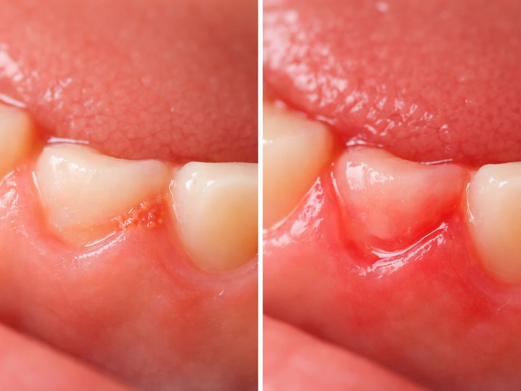 Close-up of a healing gumline after extraction showing mild redness vs worsening inflammation