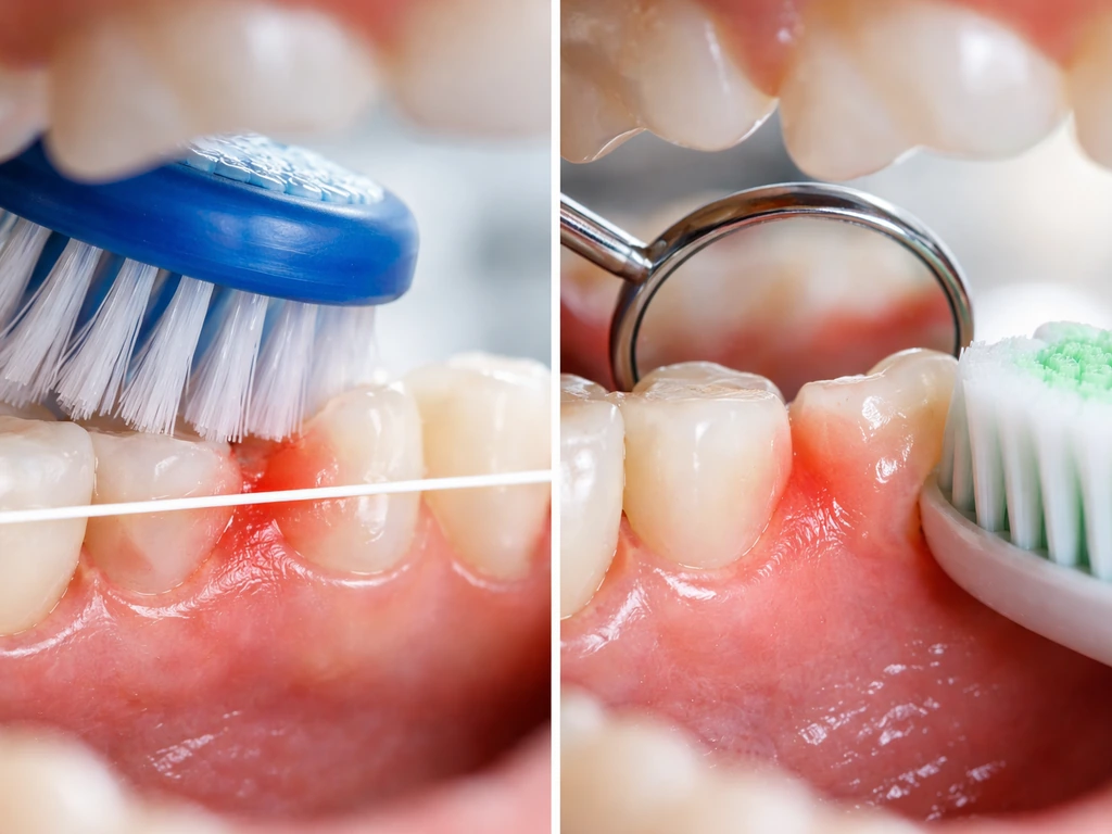 Close-up of a dental mirror and toothbrush poised near a small gum irritation, contrasting harmful pressure vs gentle ca