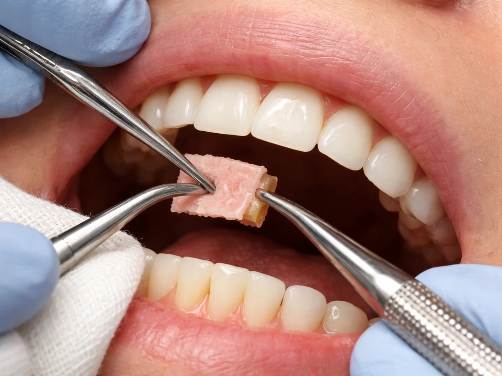 Dental clinician places a periodontal graft over exposed root during gum grafting procedure in a clinic.