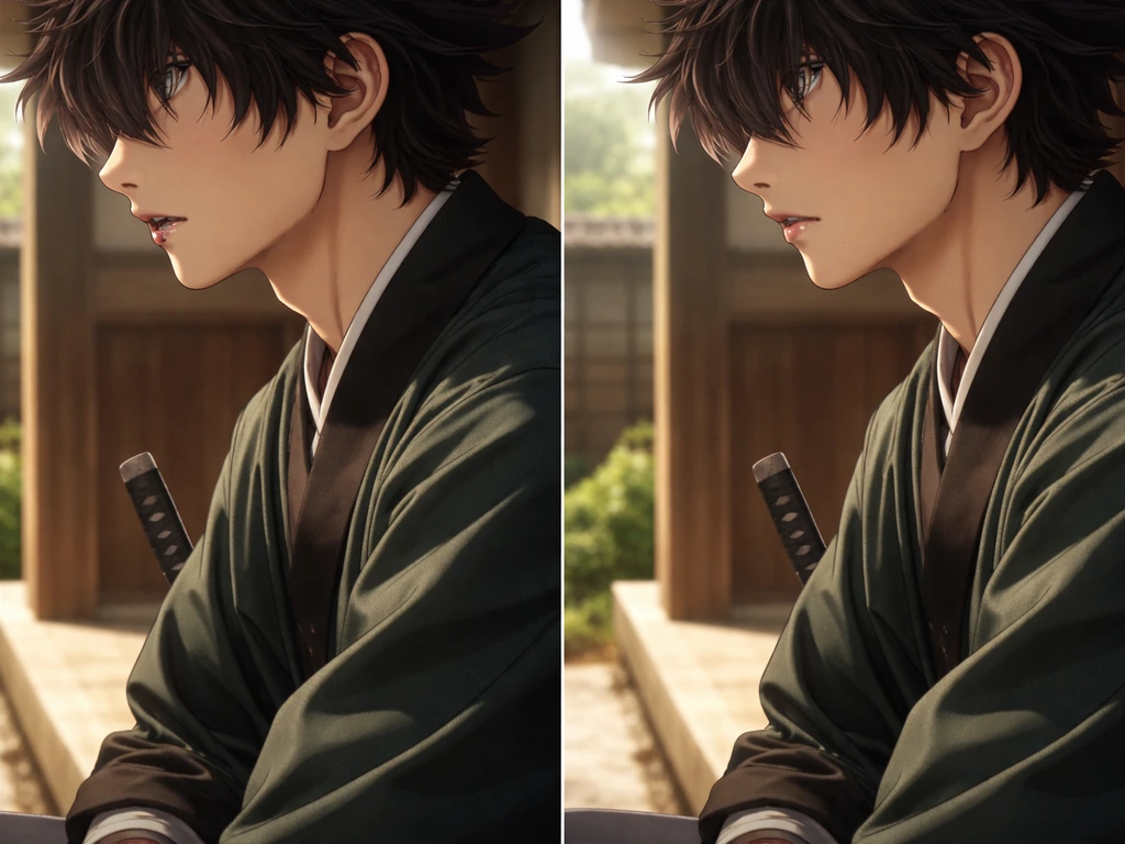 Side view of a swordsman’s face in a quiet village courtyard, showing a missing tooth then restored.