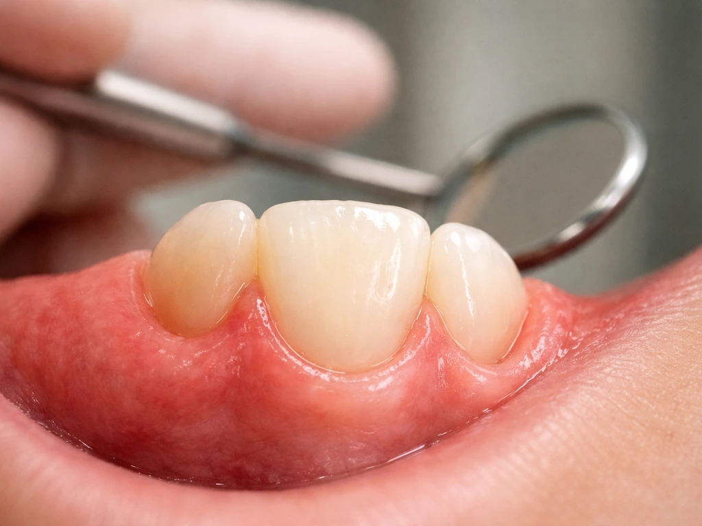Close-up of a tooth with surrounding gum healing, reduced redness and swelling after trauma.