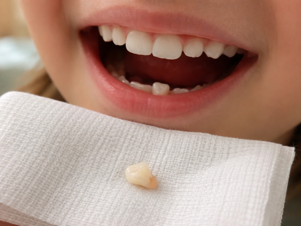 Shed baby tooth on a napkin next to an emerging permanent tooth in an open child’s mouth.