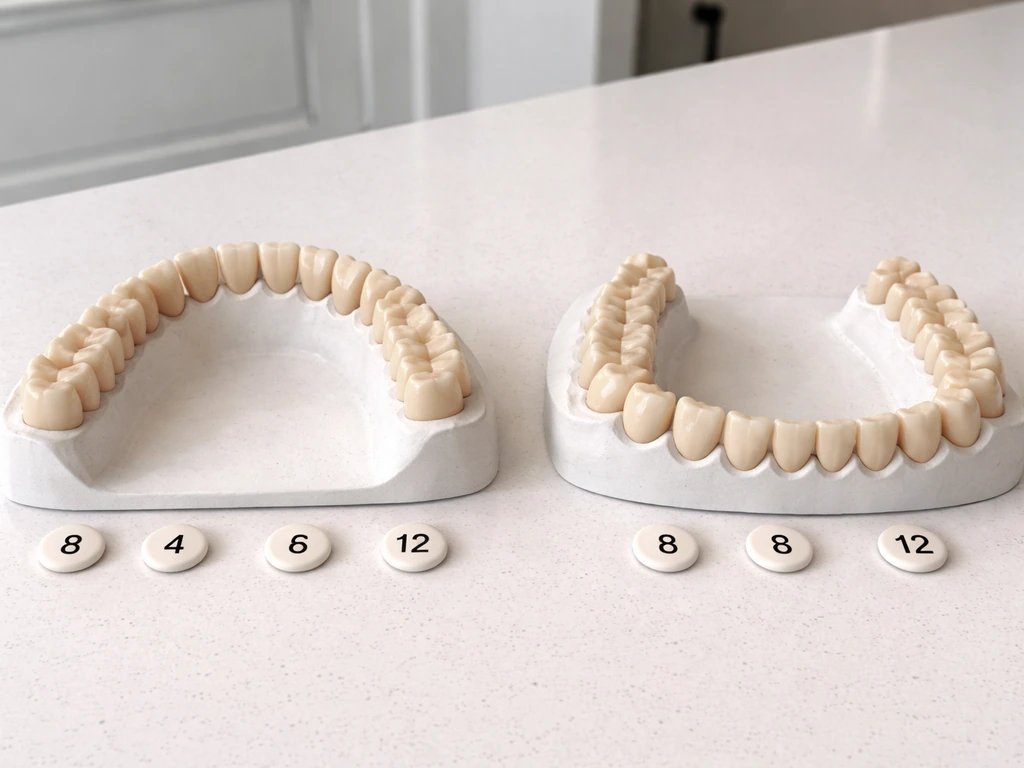 Minimal photo of upper and lower dental arch models showing incisors, canines, premolars, and molars for 32 teeth.