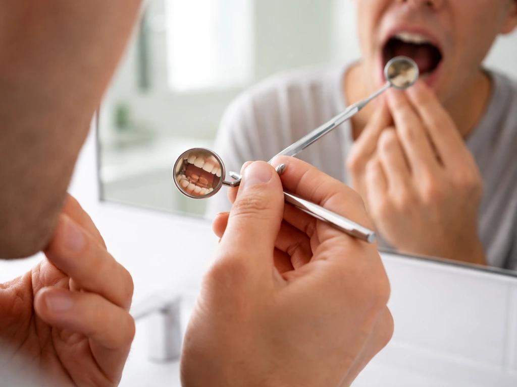 Person using a mirror in a bright bathroom to inspect and count teeth, focusing on back teeth