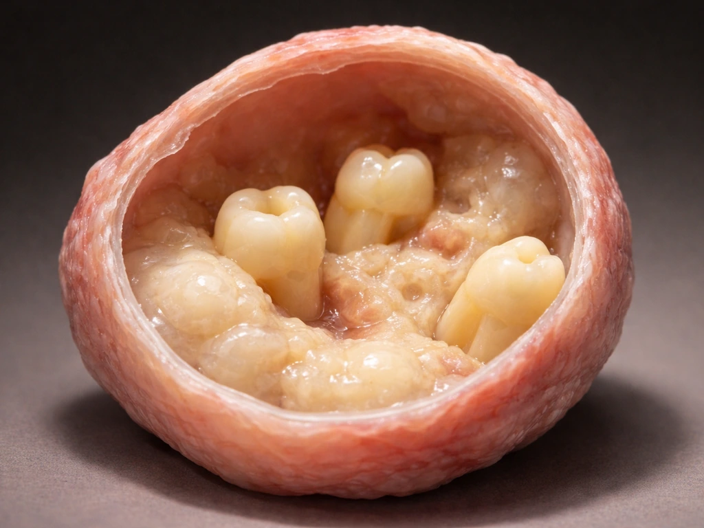 Close-up cross-section of a dermoid cyst cavity with embedded tooth-like structures.