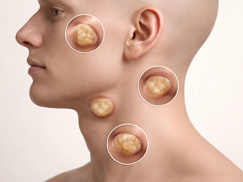 Minimal head-and-neck anatomical view with small dermoid cyst cross-sections inset near typical locations.