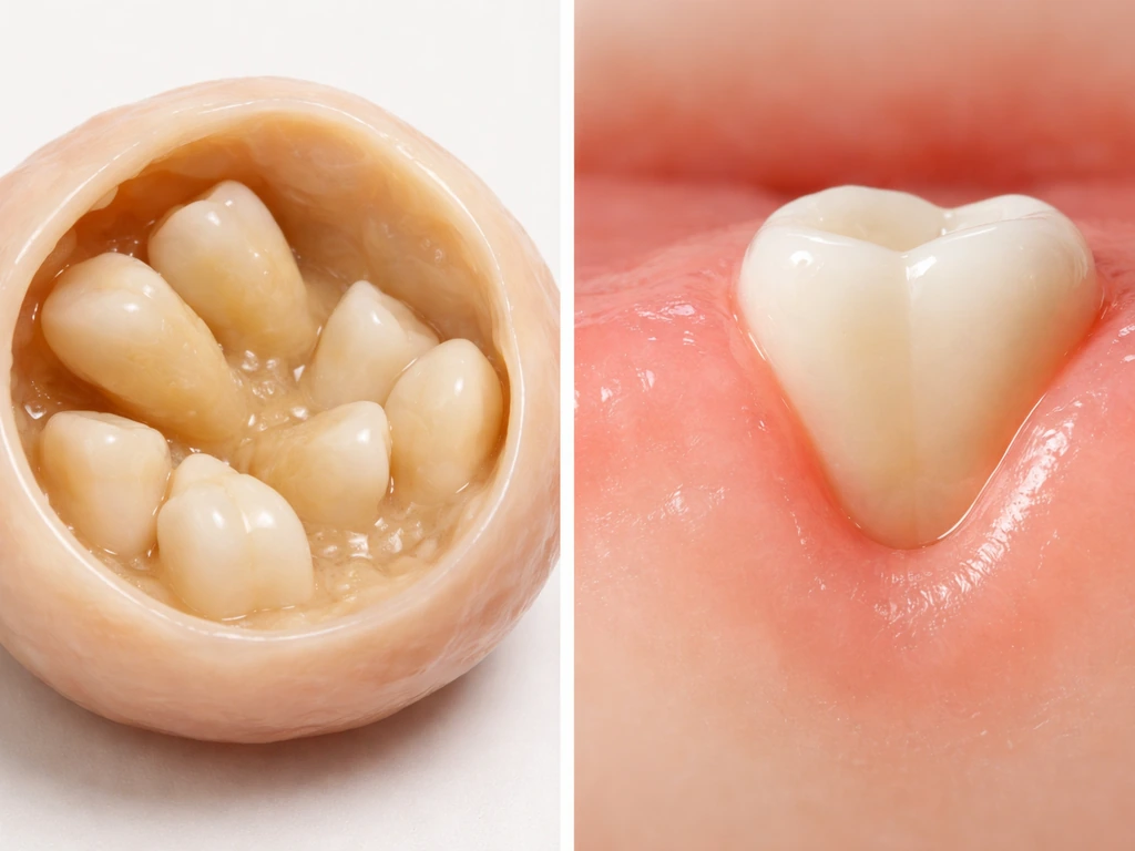 Left: tooth-like structures embedded in a dermoid cyst; right: a tooth erupting through gums.