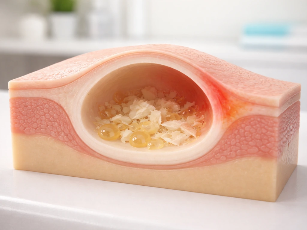 Minimal clinical close-up showing keratin and oily secretions accumulating inside a lined cyst cavity.