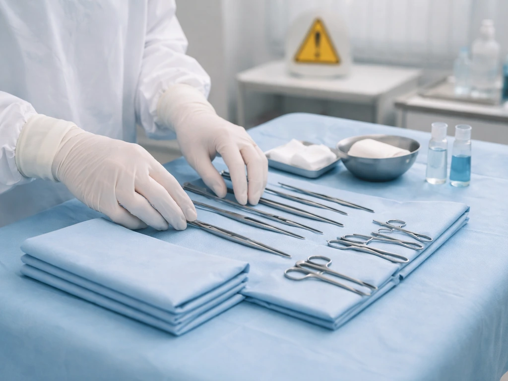 Clinician in a clean exam room preparing sterile surgical excision tools with a caution symbol vibe