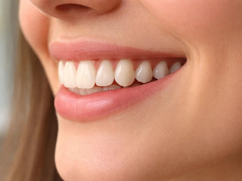 Close-up side view smile highlighting a subtle gumline difference that makes teeth look longer.