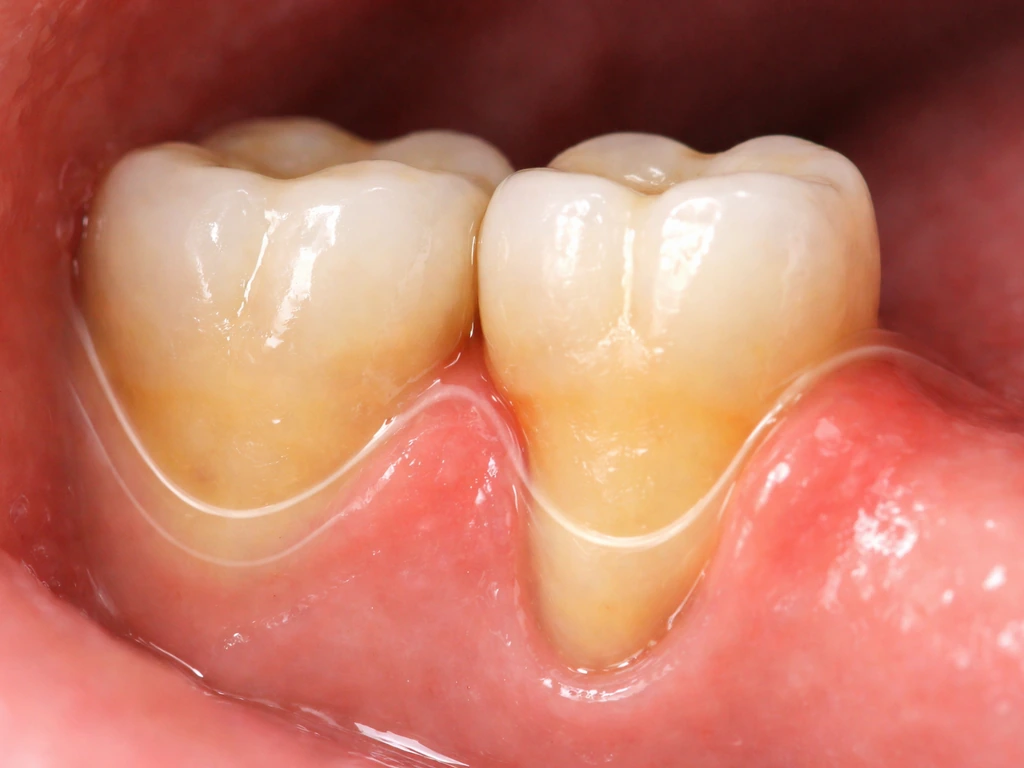 Close-up of teeth with gum recession showing exposed root and a subtle gumline recession overlay.