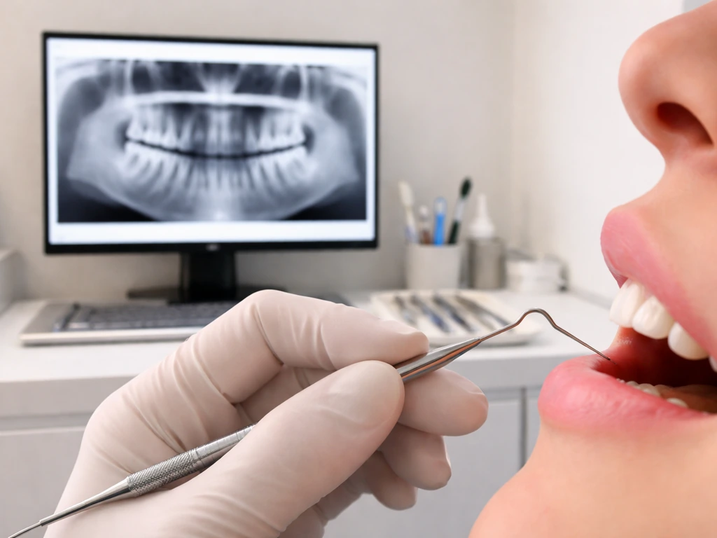 Dentist uses a periodontal probe along a patient’s gumline while an X-ray is shown on a nearby monitor.