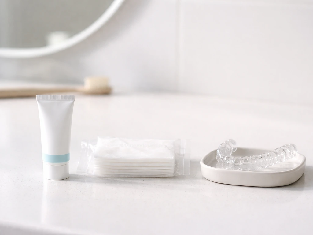 Minimal dental care scene with three items symbolizing sensitivity toothpaste, gum graft, and orthodontic treatment.