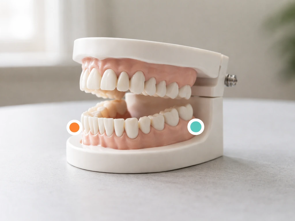 Photo of a simple dental jaw model in a neutral studio setting with an unobtrusive age-window cue.