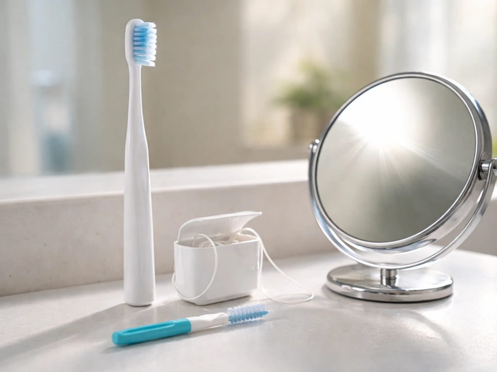 Toothbrushing setup with floss/interdental brush and small mirror aimed at back molar area.