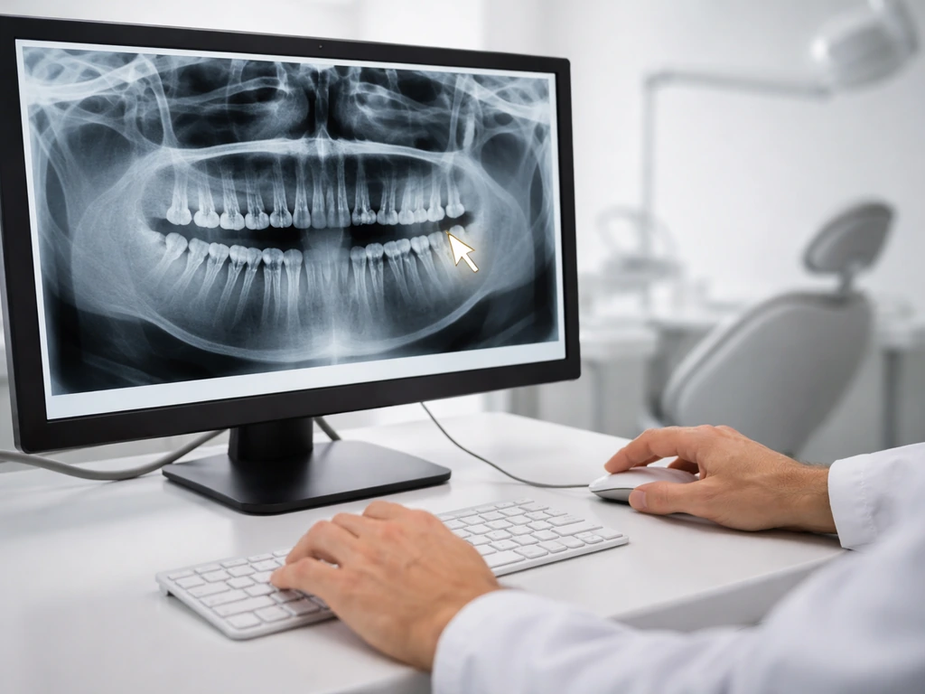 Dentist reviewing a panoramic dental X-ray on a monitor, cursor highlighting wisdom tooth impaction.
