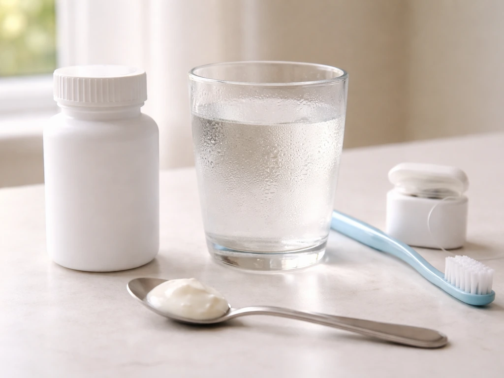 Generic ibuprofen bottle, glass of water, spoon of soft food, and oral-care items on a kitchen counter.