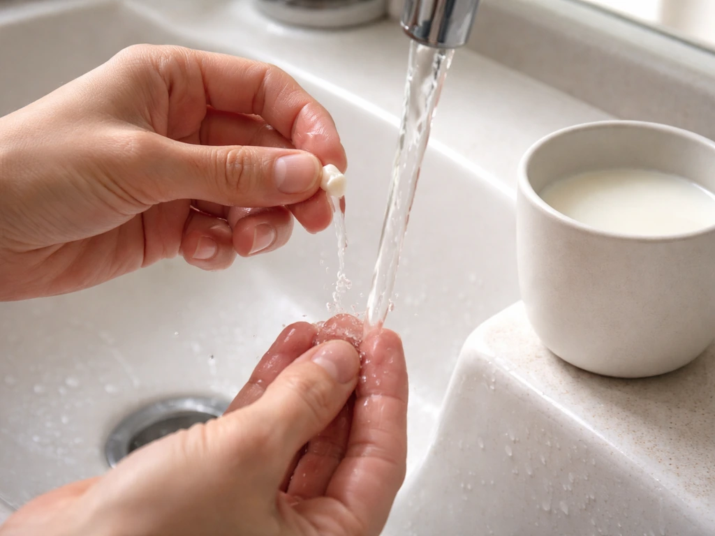 Close-up of a person rinsing a knocked-out front tooth and placing it in a cup of milk