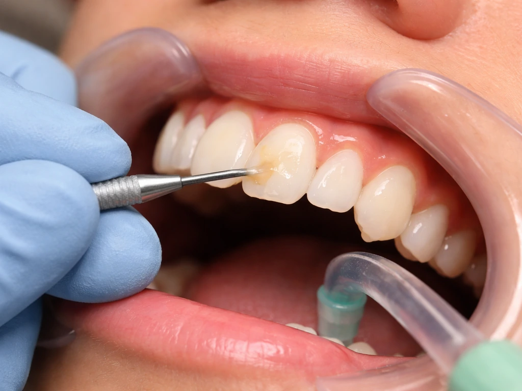 Close-up of a chipped front incisor with composite resin being applied during dental bonding.