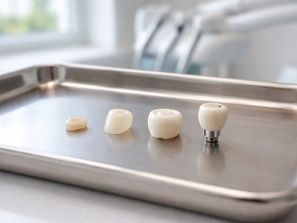 Dental clinic tray showing tooth-colored bonding, veneer, crown, and implant-style options for a front tooth.