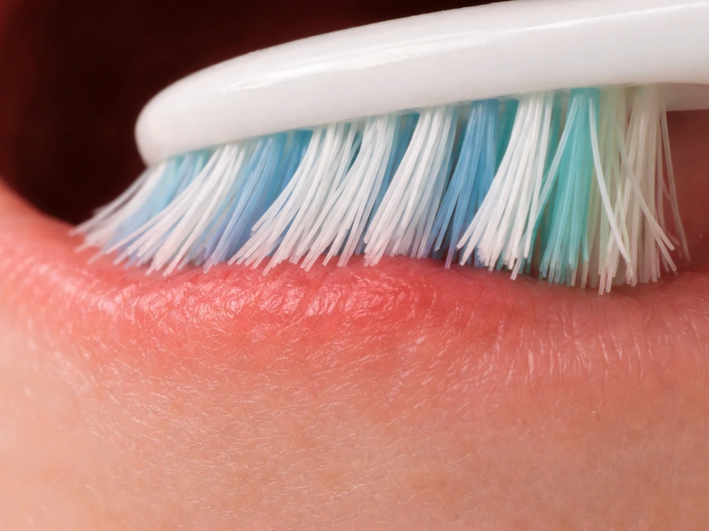 Close-up of toothbrush bristles pressing into the gumline, showing abrasion and irritated recession-like irritation.