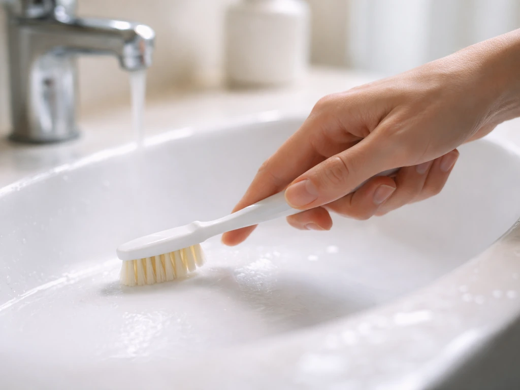 Hands switching to a soft-bristle toothbrush, angled at 45° over a sink with gentle pressure