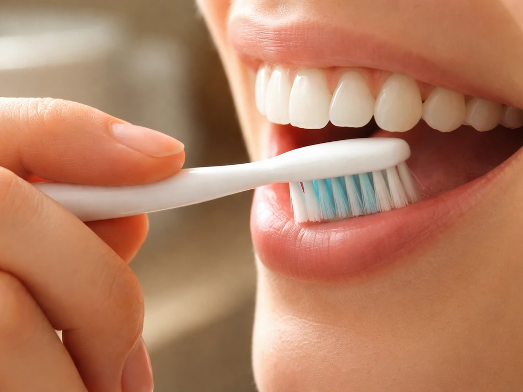 Close-up of a hand brushing gently along the gumline with a pen-like grip and light pressure.