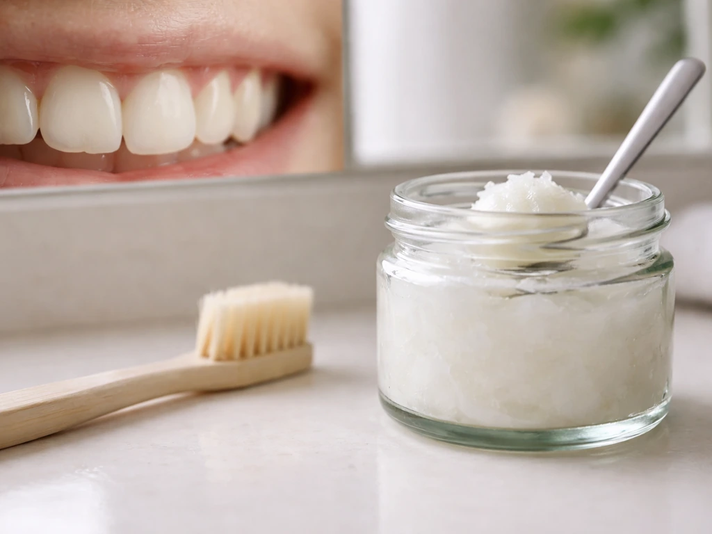 Close-up of receding gumline with toothbrush and nearby coconut oil jar on a clean counter.
